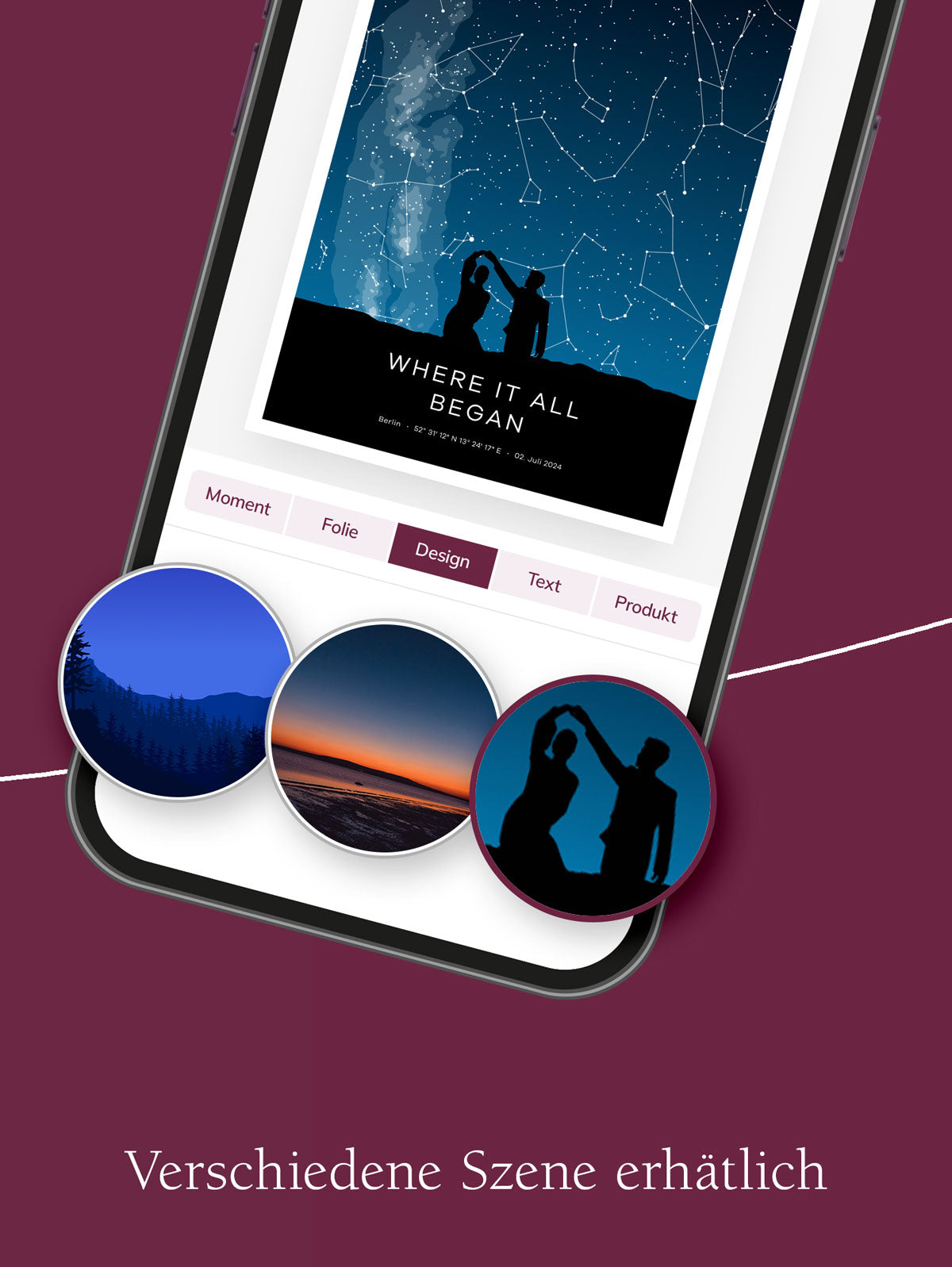 Individuell gestaltbare Sternenkarte mit wählbaren Hintergrundmotiven – personalisiertes Sternbild-Poster mit verschiedenen Szenen und Layouts für besondere Momente.