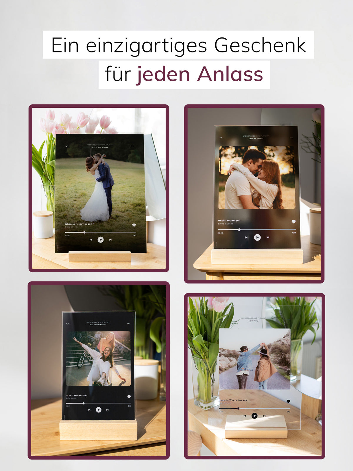 Personalisierter Acryl-Glas-Aufsteller mit individuellem Foto und Song – Geschenkidee mit Musikdesign und Holzsockel für Hochzeit, Jahrestag, Freundschaft oder gemeinsame Erinnerungen.