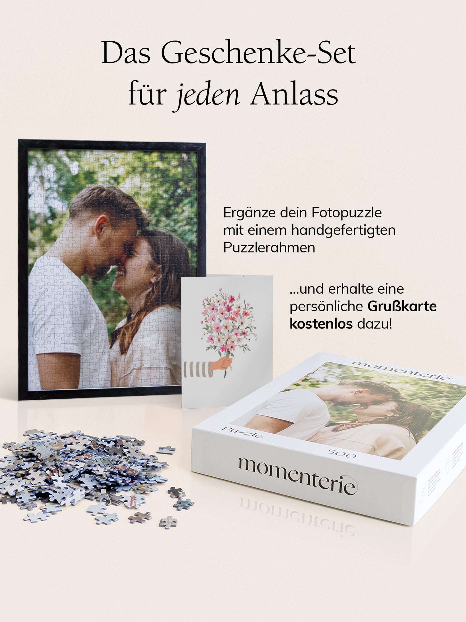 Personalisiertes Fotopuzzle mit Rahmen und Grußkarte – Puzzle mit eigenem Foto, elegantem Rahmen und Karte als Geschenkset