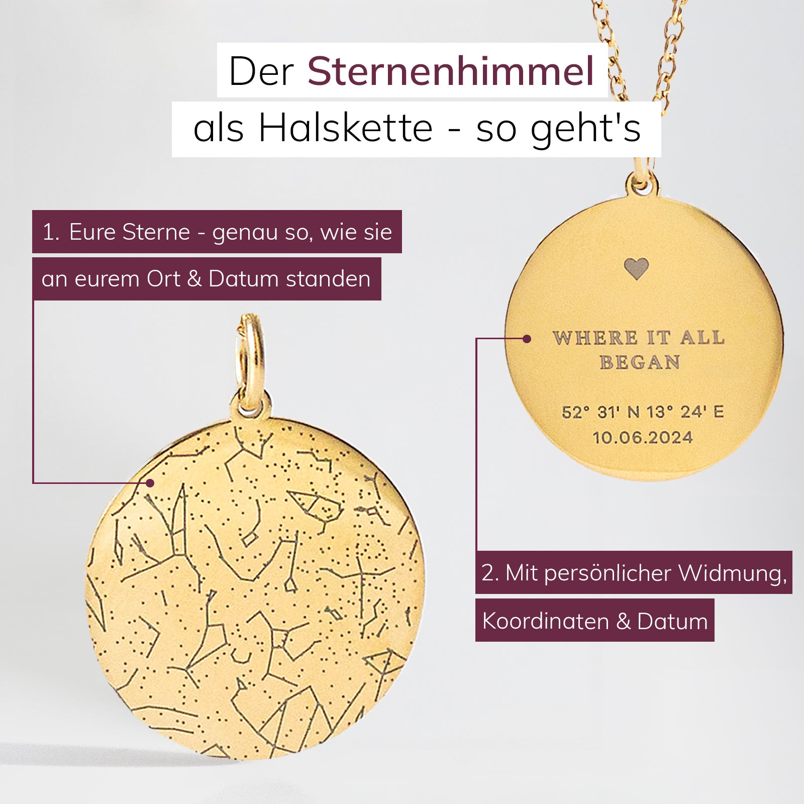Personalisierter Sternkarten-Anhänger mit Kette – elegantes Schmuckstück aus Edelstahl in Gold mit graviertem Sternenhimmel, perfektes Geschenk zur Erinnerung an besondere Momente